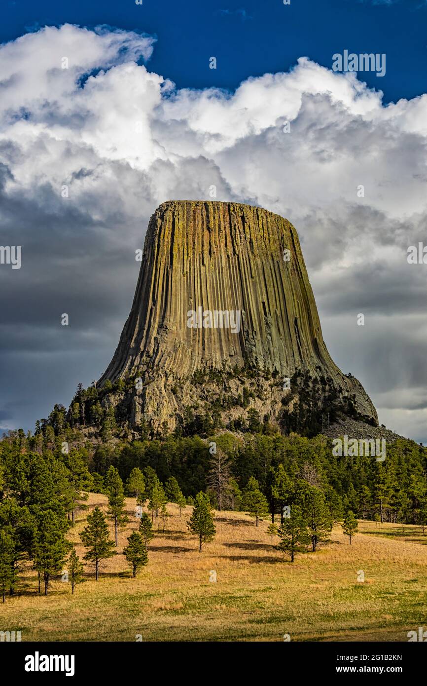 Dramatische Aussicht auf den Devils Tower vom Joyner Ridge im Devils Tower National Monument, Wyoming, USA Stockfoto