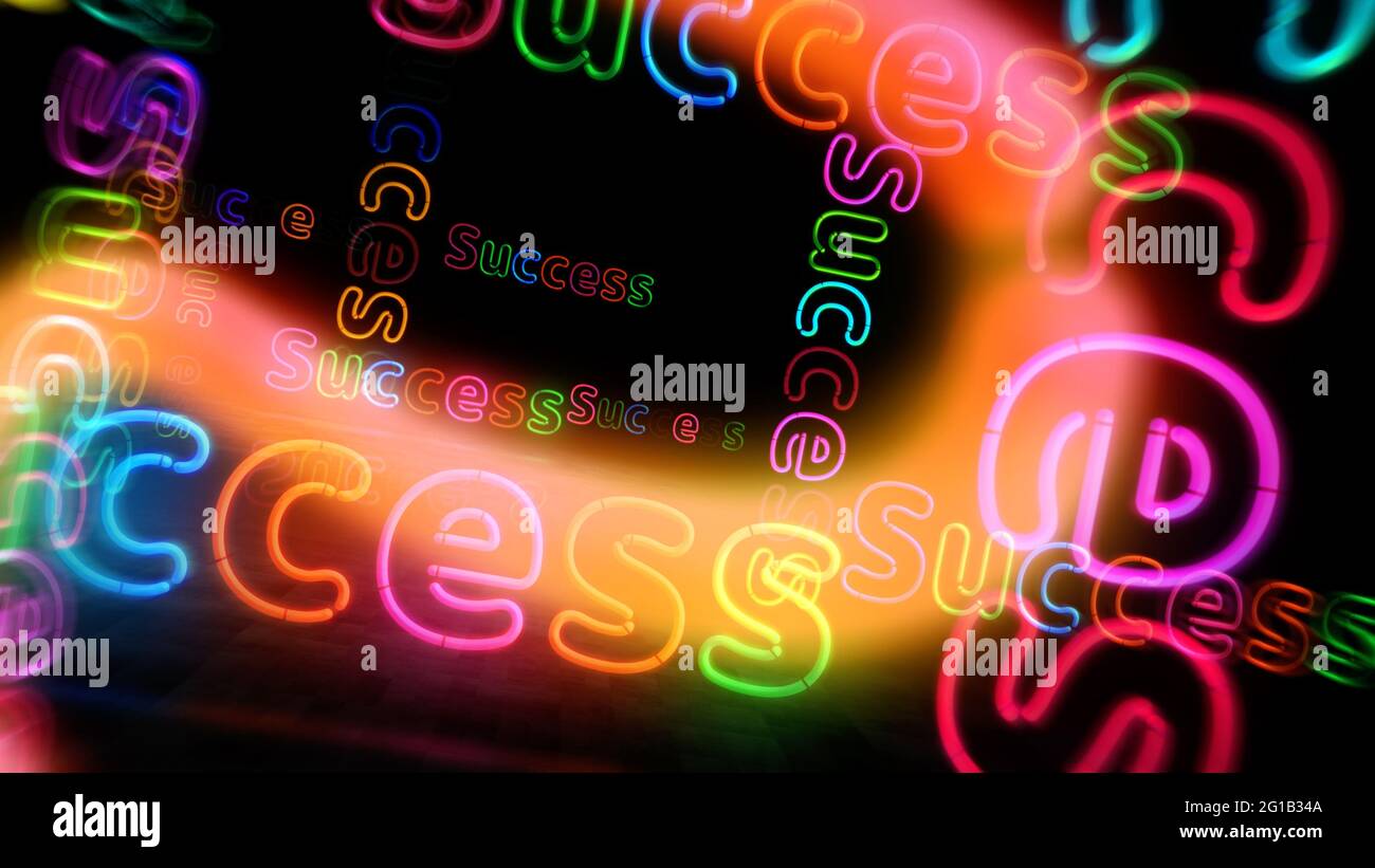 Erfolg Symbol Neon-Symbol. Glühbirnen in hellen Farben mit Schild für den Business Club der Stadt im Retro-Stil. Abstraktes Konzept 3d-Illustration. Stockfoto