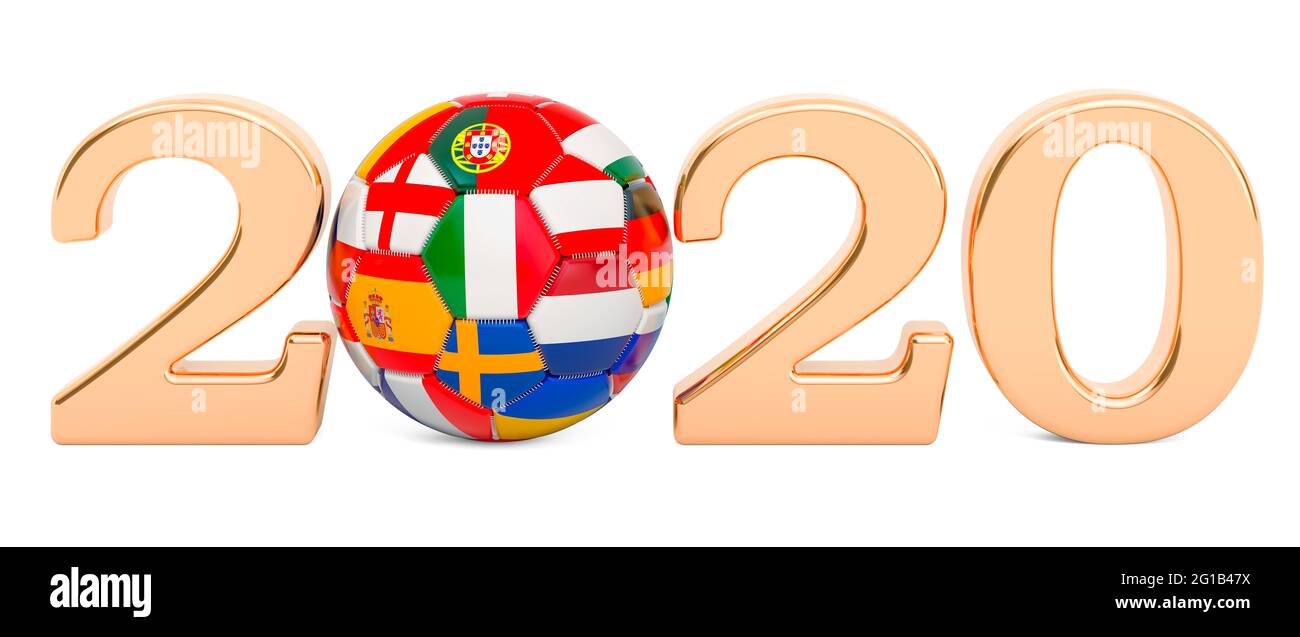 Europameisterschaft 2020 Konzept. Fußball mit europäischen Flaggen, 3D-Darstellung isoliert auf weißem Hintergrund Stockfoto