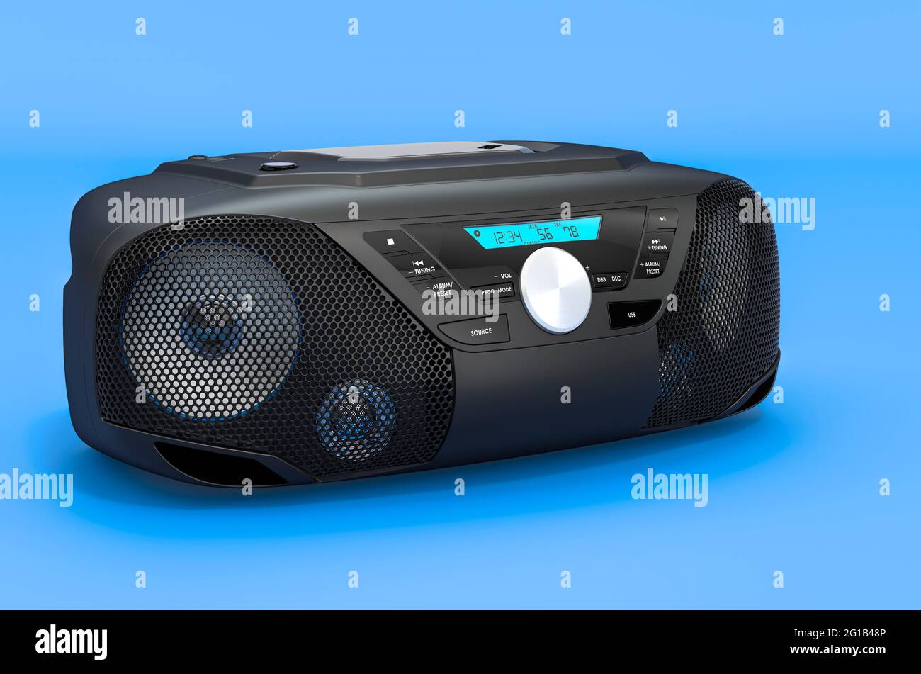 Moderne CD-Boombox mit AM-FM Stereo-Radio auf blauem Hintergrund, 3D-Rendering Stockfoto