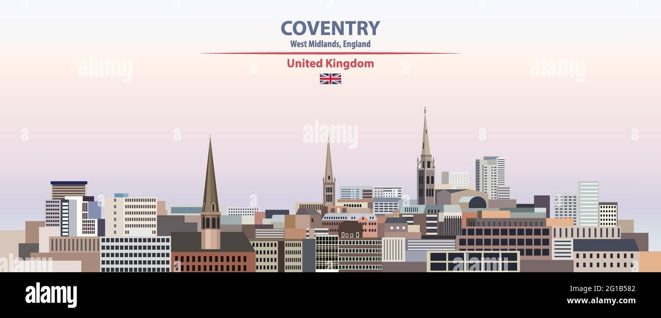 Coventry Stadtbild auf Sonnenuntergang Himmel Hintergrund Vektorgrafik mit Land und Stadt Namen und mit Flagge von Großbritannien Stock Vektor