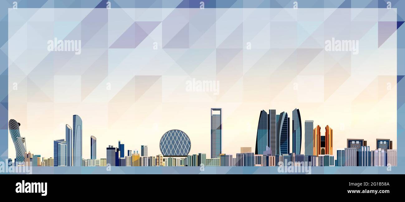 Skyline von Abu Dhabi Vektor farbenfrohes Poster auf einem wunderschönen dreieckigen Hintergrund Stock Vektor