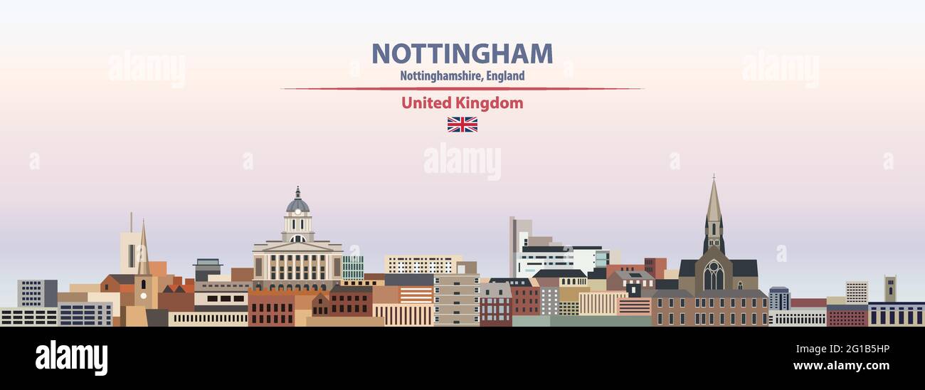 Nottingham Stadtbild auf Sonnenuntergang Himmel Hintergrund Vektorgrafik mit Land und Stadt Namen und mit Flagge von Großbritannien Stock Vektor