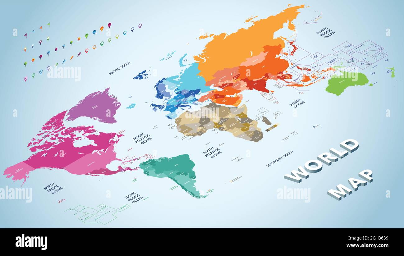 Isometrische Vektor-Weltkarte, die durch Kontinente mit Ländernamen gefärbt ist. Navigations- und Positionssymbole eingestellt Stock Vektor