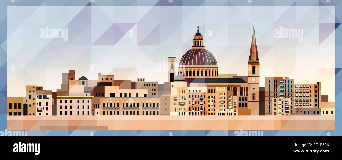 Valletta Skyline Vektor farbenfrohes Poster auf schönem dreieckigen Texturhintergrund Stock Vektor