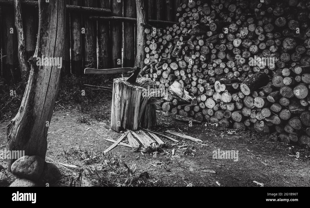 Ein Hirsch-Schädel und Geweih zusammen mit einer Axt und einem Holzblock vor einer Holzhütte. Schädel und Äxte surreale Dekoration im Freilichtmuseum. Stockfoto