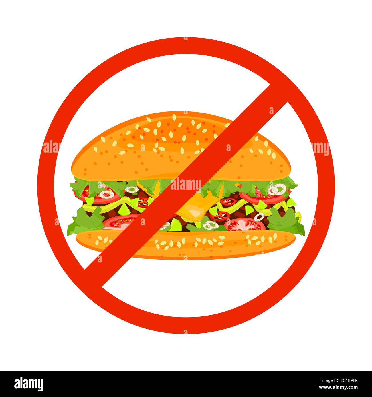 Kein Fastfood-Schild auf weißem Hintergrund isoliert. Hamburger innen rotes Verbotsschild. Gefahrensiegel für Fast Food. Ungesunde Ernährung Konzept.Vektor-Illustration Stock Vektor