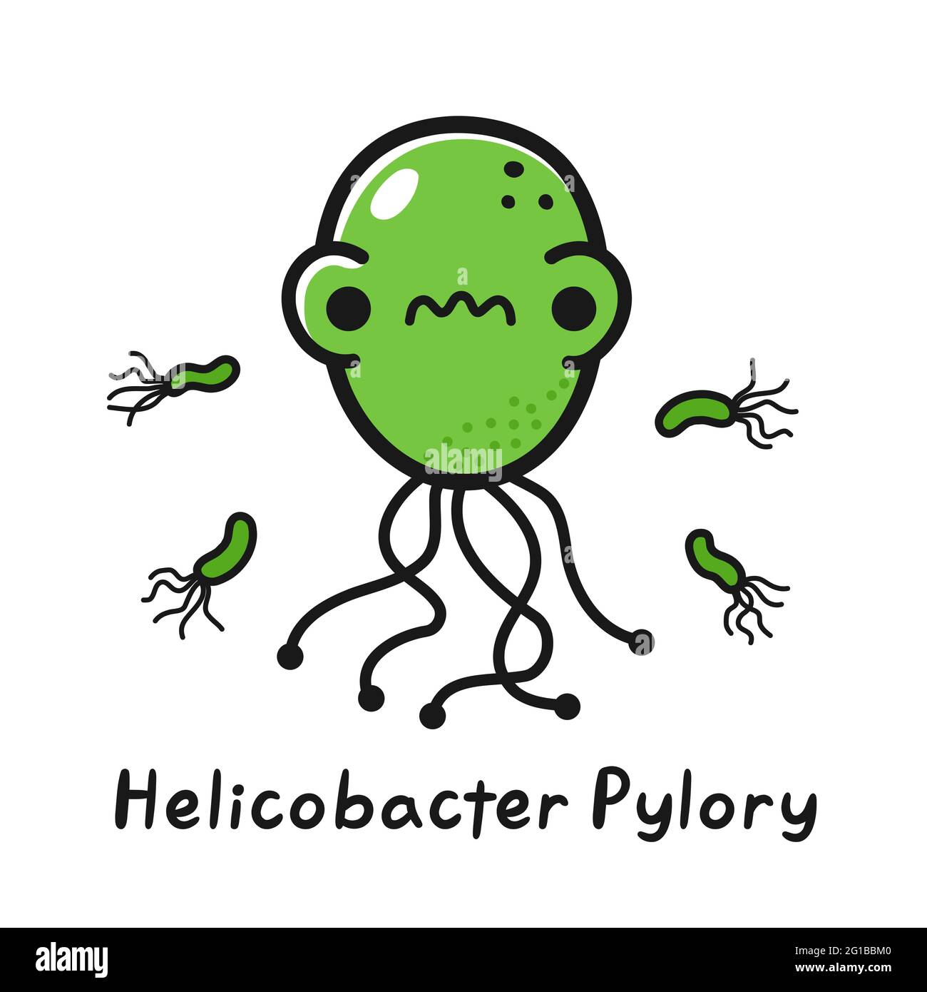 Wütende Helicobacter pylori-Bakterien. Vektor Hand gezeichnet Cartoon kawaii Figur Illustration. Isoliert auf weißem Hintergrund. Posterkonzept für Helicobacter pylori-Bakterien Stock Vektor