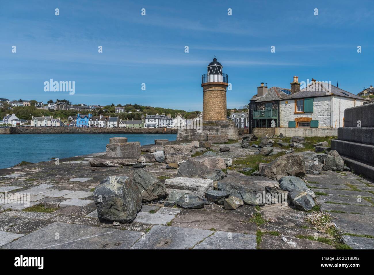 Dies ist ein Leuchtturm in der Küstenstadt und vorbei am Fährhafen Portpatrick auf der Halbinsel Dumfries und Galloway an der Westküste Schottlands Stockfoto