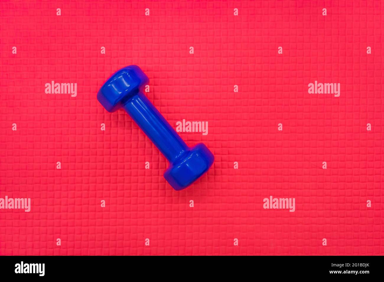 Blaue Hantel-Fitnessgeräte auf dem Hintergrund des roten Fußbodens des Fitnessraums. Stockfoto