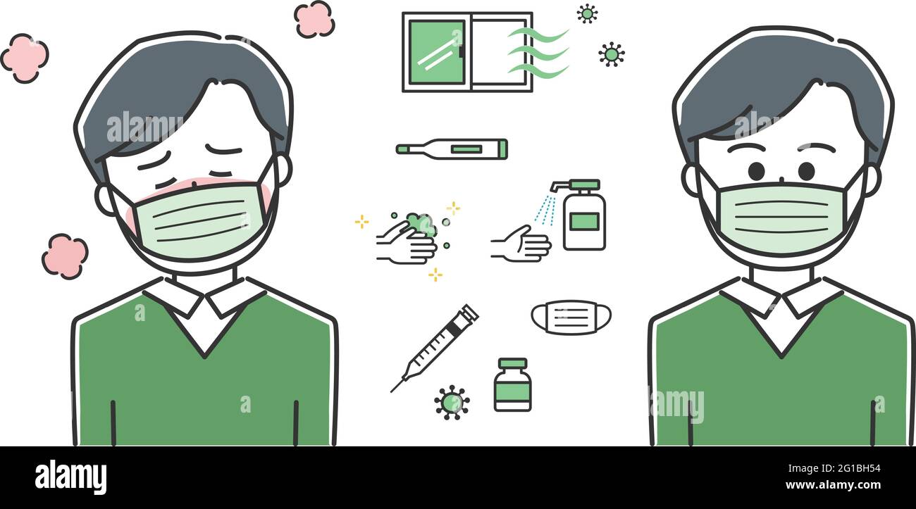 Mann mit Fieber und Gegenmaßnahmen gegen Covid-19. Vektordarstellung auf weißem Hintergrund isoliert. Stock Vektor