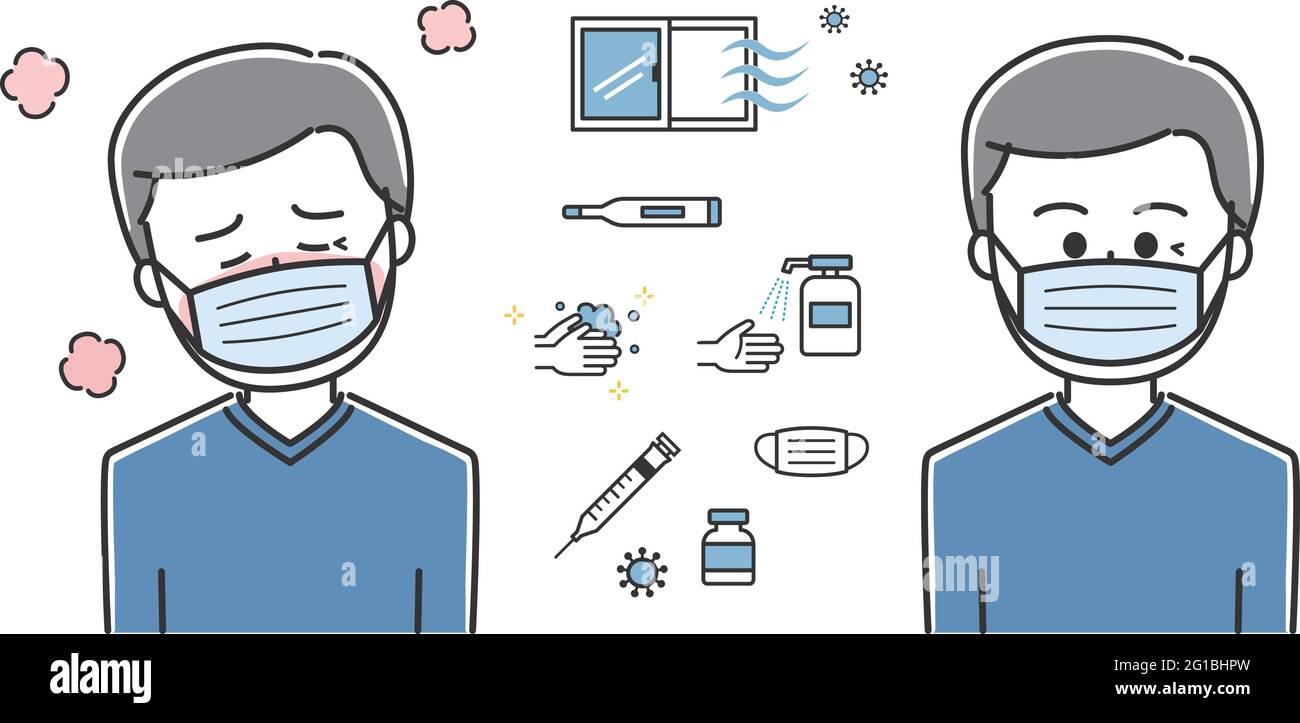 Mann mit Fieber und Gegenmaßnahmen gegen Covid-19. Vektordarstellung auf weißem Hintergrund isoliert. Stock Vektor