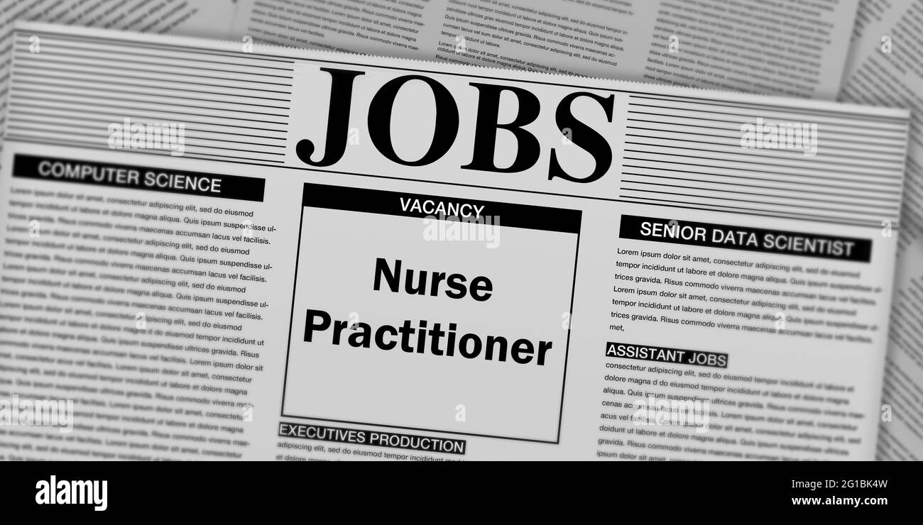 Krankenschwester Praktizierende Stelle in einer Zeitung auf der Titelseite. Moderne Zeitung Medizin Job Poster Hintergrund Stockfoto