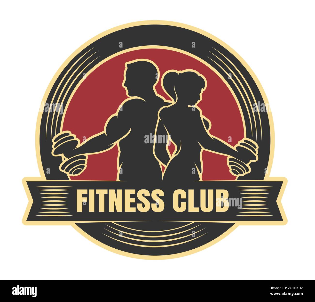 Logo des Fitnessclubs mit sportlich trainierenden Männern und Frauen auf Weiß isoliert. Vektorgrafik Stock Vektor