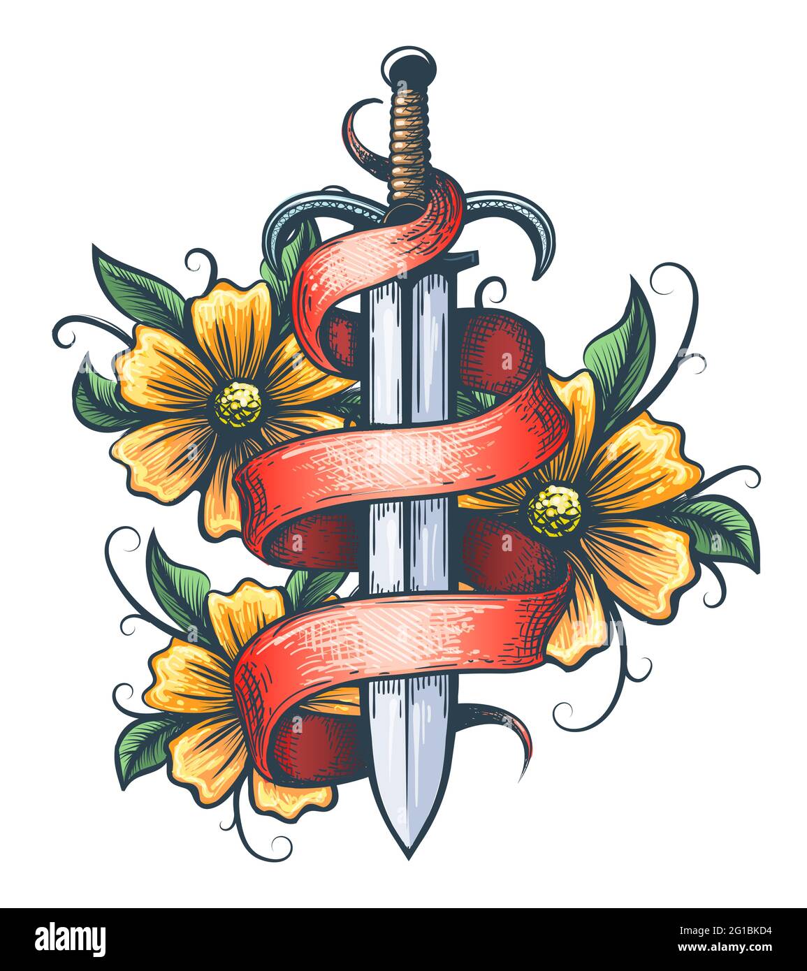 Tattoo of Sword mit Blumen und Band. Vektortätowierung. Stock Vektor