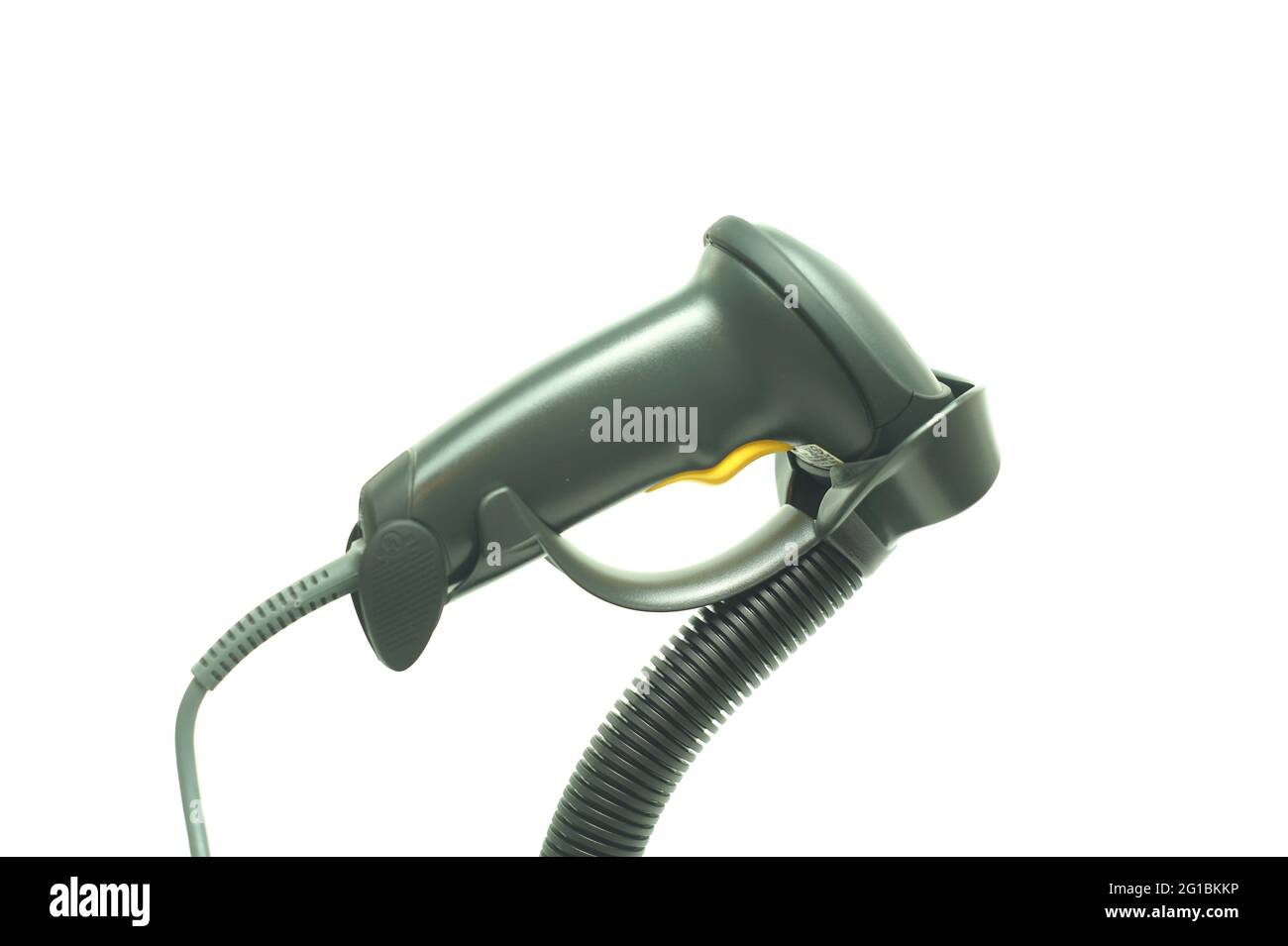 Nahaufnahme neben einem schwarzen Barcodescanner auf einem Ständer. Stockfoto