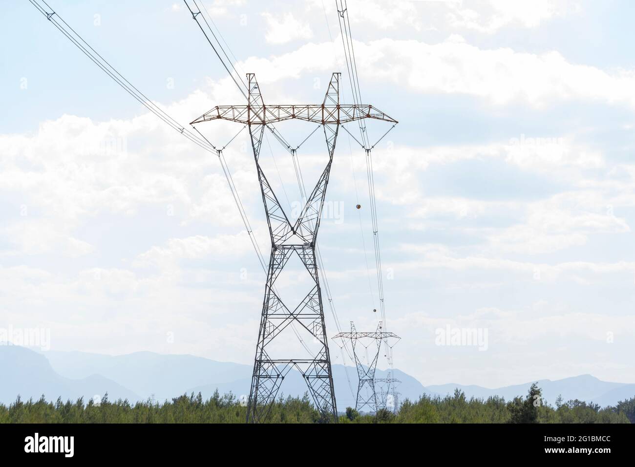 Elektrische Pole, die Hochspannungsstrom transportieren Stockfoto