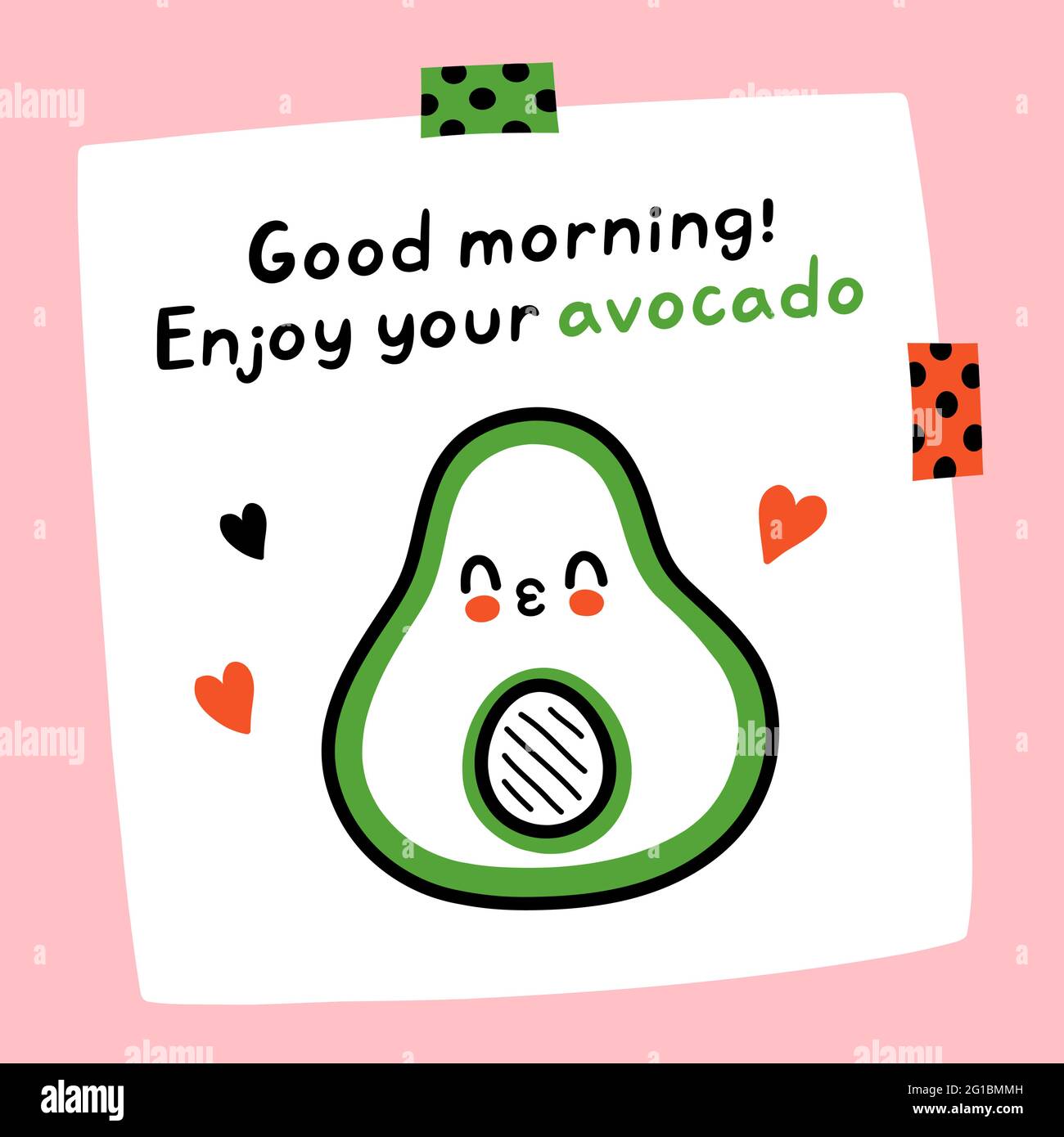 Guten Morgen, genießen Sie Ihr Avocado-Zitat. Niedliche lustige Papiernote mit Avocado-Kuss-Charakter. Vektor Hand gezeichnet Cartoon kawaii Illustration. Guten Morgen Papiernote, Aufkleber, Karte, Poster Konzept Stock Vektor