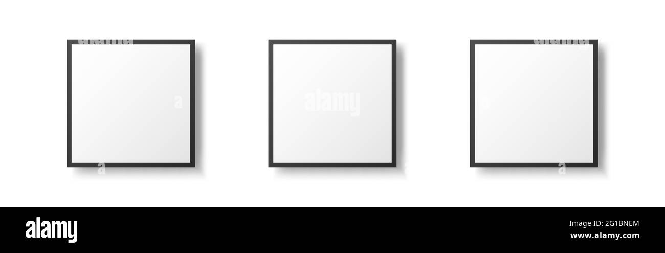 Drei schwarze Rahmen. Quadratische Bildmockups. Isolierte Fotovorlagen. Realistische leere Poster mit weichem Schatten. Vorlage für Kunstgalerien. Vektor Stock Vektor