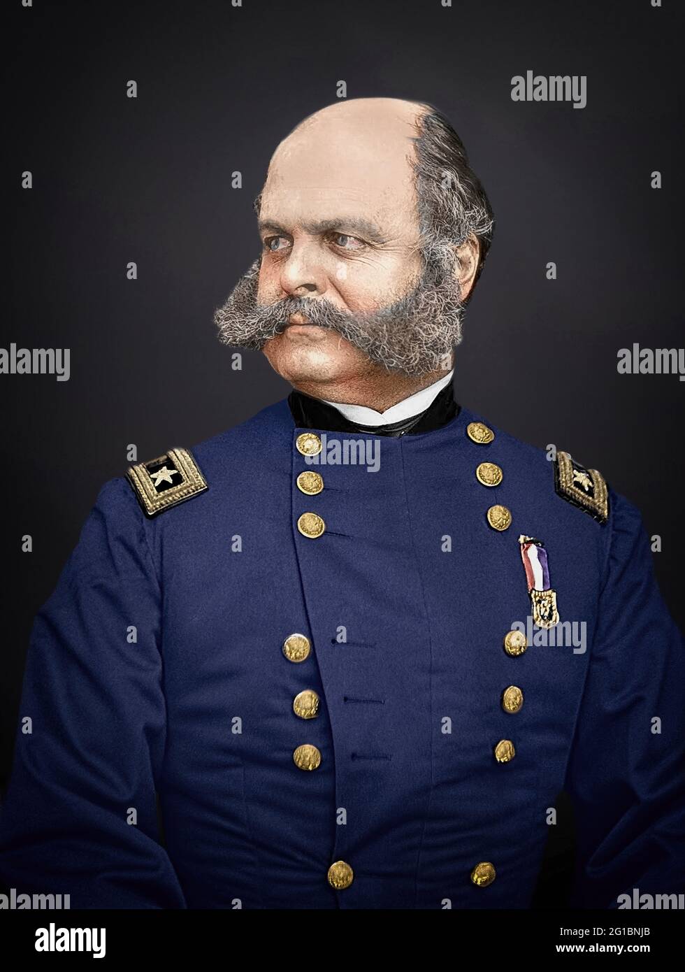Koloriertes Vintage-Foto des amerikanischen Bürgerkriegs von LT. General Ambrose Burnside. Bekannt für eine Schlacht an der (Burnside) Brücke in Antietam, Maryland. Stockfoto