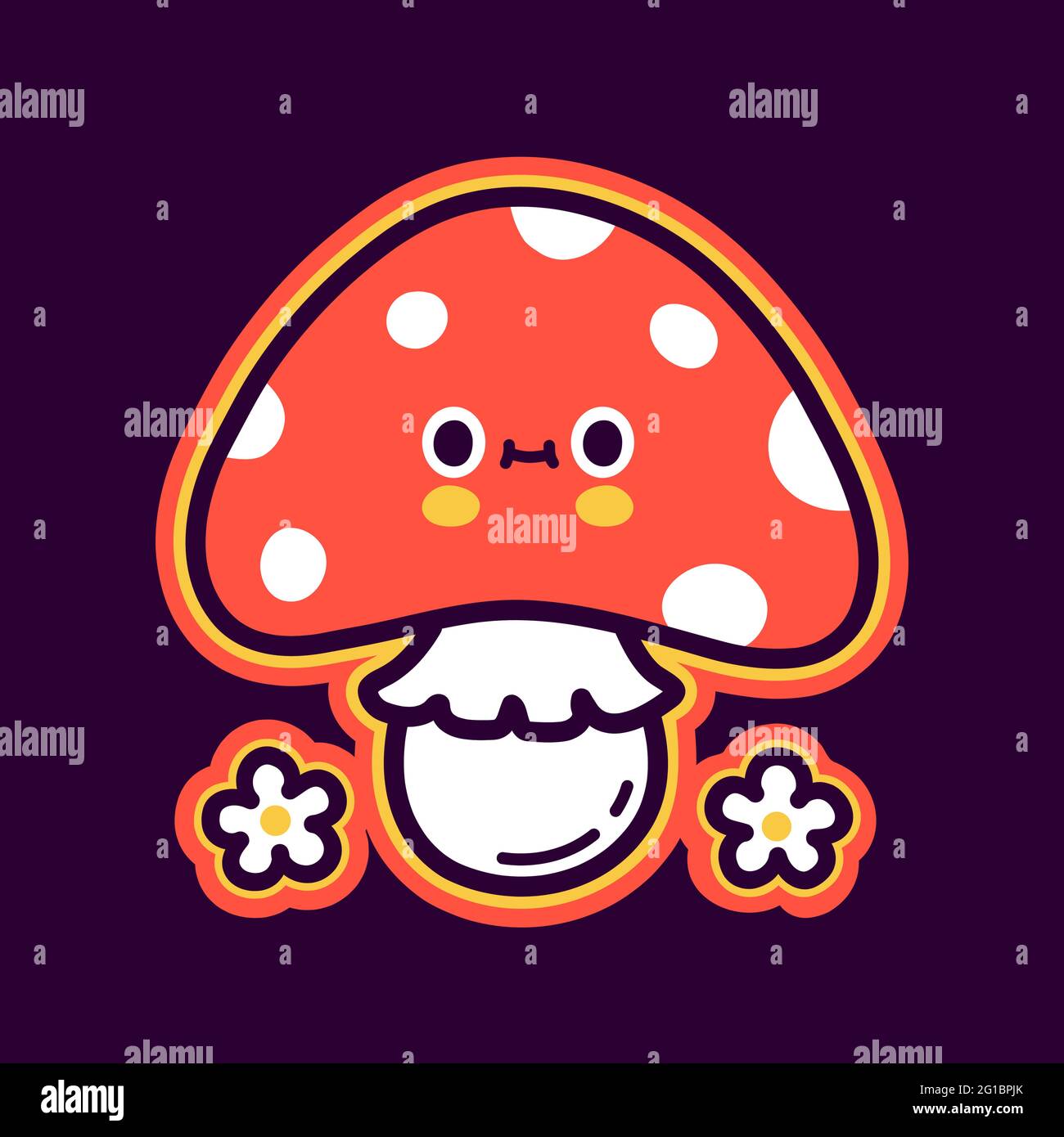 Nette lustige glücklich amanita Pilz und Blumen. Vektor Hand gezeichnet Cartoon kawaii Charakter Illustration Symbol. Isoliert auf weißem Hintergrund. Lustige Amanita Pilz Maskottchen Charakter Konzept Stock Vektor