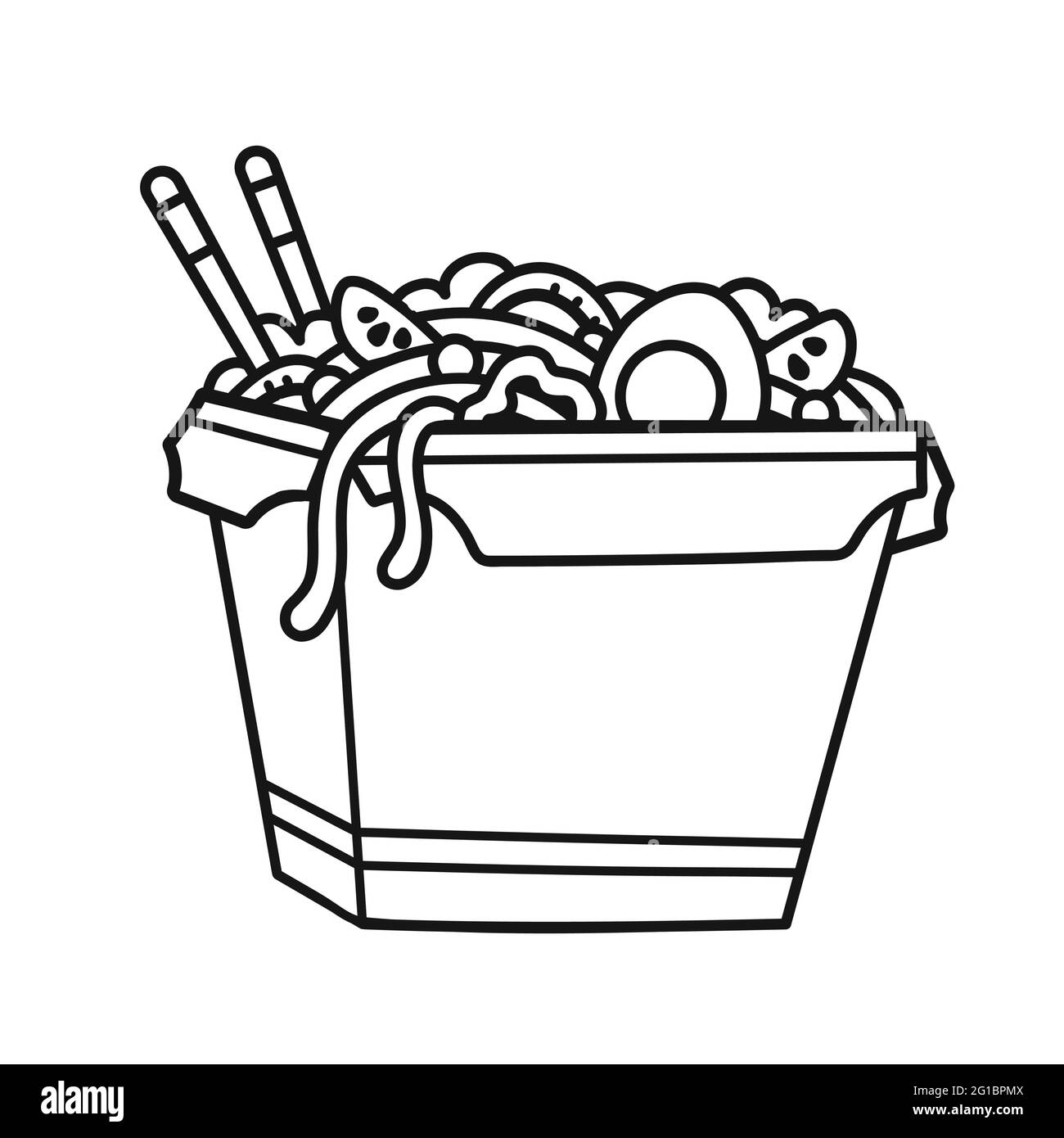Wok-Nudelbox. Vektorgrafik handgezeichnetes Zeichentricksymbol. Isoliert auf weißem Hintergrund. Wok Nudelbox, asiatisches Essen, Malbuch-Seitenkonzept Stock Vektor Wok-Nudelbox. Vektorgrafik handgezeichnetes Zeichentricksymbol. Isoliert auf weißem Hintergrund. Wok Nudelbox, asiatisches Essen, Malbuch-Seitenkonzept Stock Vektor