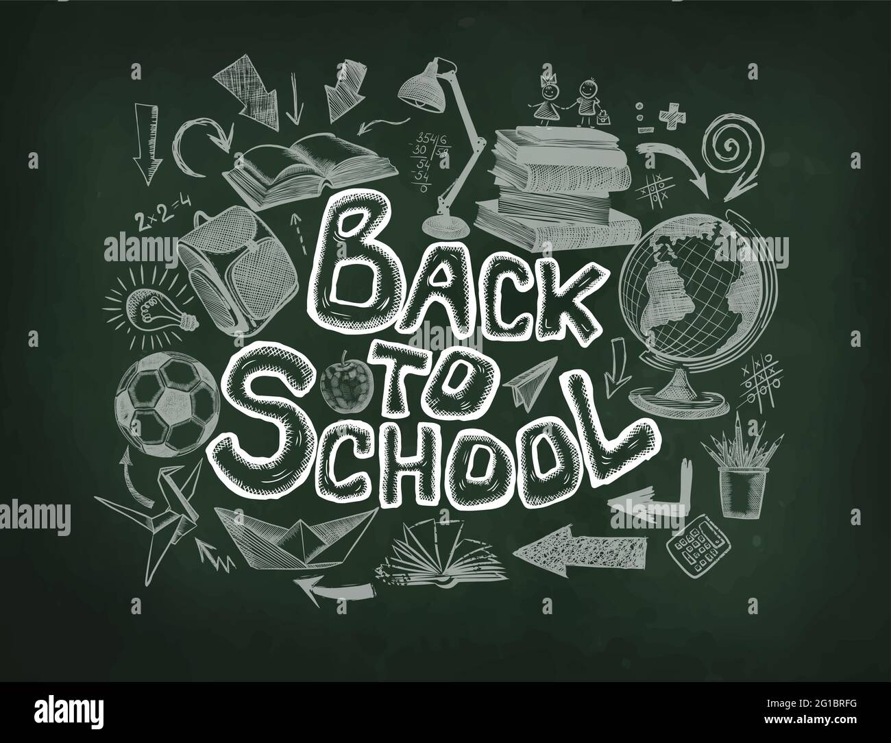 Zurück in die Schule . Kreidezeichnung auf einem Schulbrett. Satz von Schulartikeln. Vektorgrafik Stock Vektor