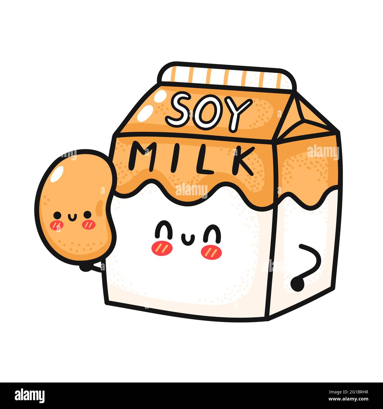 Nette lustige Soja-Milchbox halten Bohne. Vektor Hand gezeichnet Cartoon kawaii Charakter Illustration Symbol. Isoliert auf weißem Hintergrund. Soja Milch Papier Box Maskottchen Charakter Konzept Stock Vektor