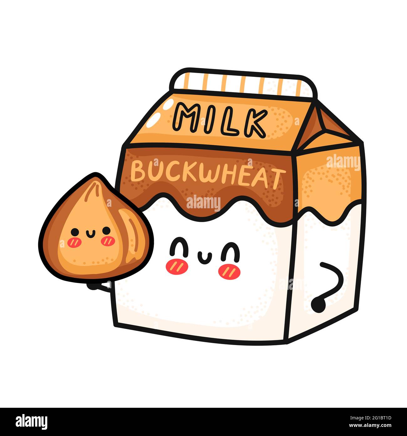 Nette lustige Buchweizen Milchbox halten Leistengegend. Vektor Hand gezeichnet Cartoon kawaii Charakter Illustration Symbol. Isoliert auf weißem Hintergrund. Buchweizen Milch Papier Box Maskottchen Charakter Konzept Stock Vektor