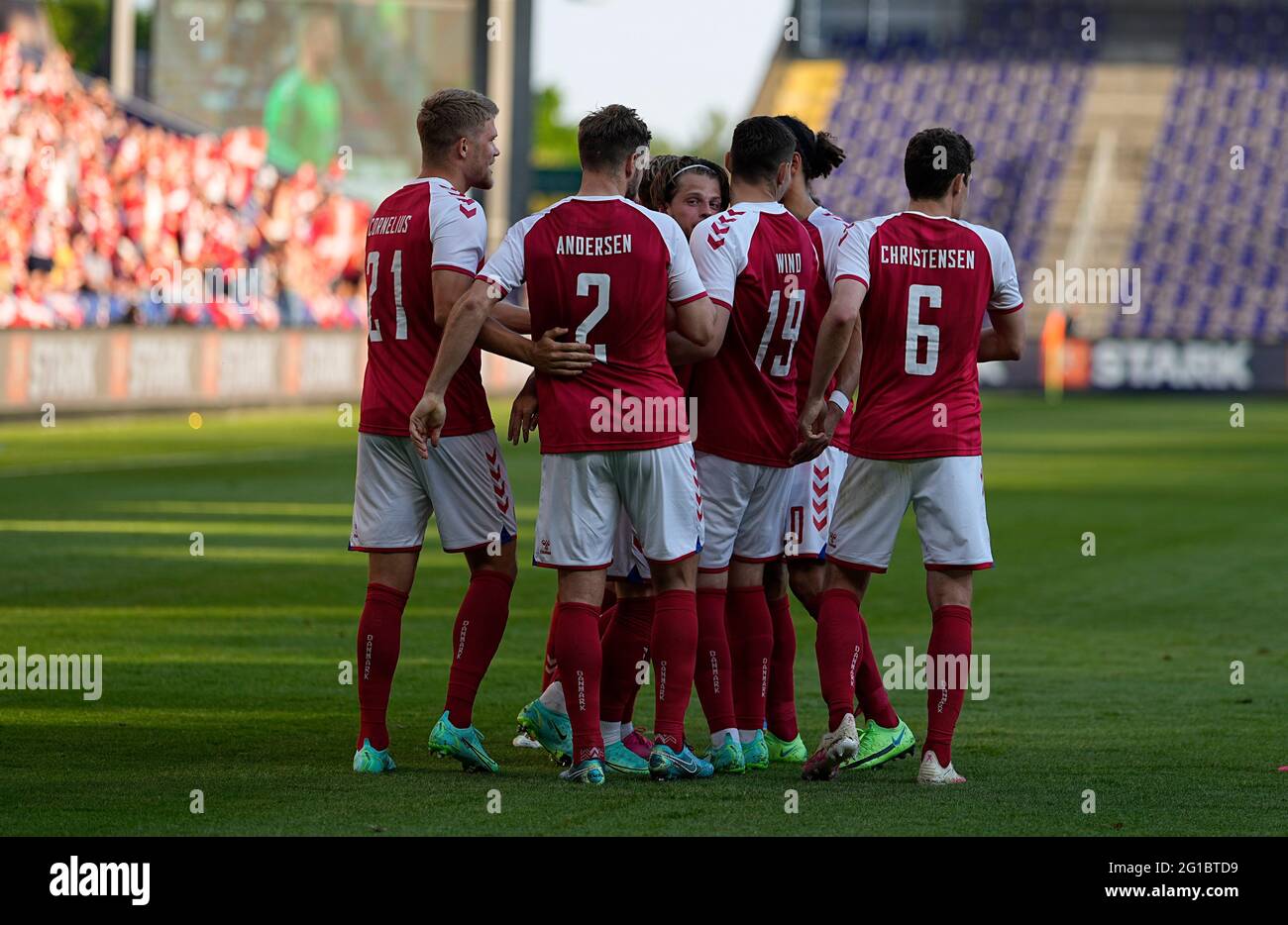 Broendby Stadium, Kopenhagen, Dänemark. Juni 2021. Das dänische Team feiert im Broendby Stadium, Kopenhagen, Dänemark, seinen zweiten Treffer während der dänischen Zeit gegen Bosnien und Herzegowina. Kim Price/CSM/Alamy Live News Stockfoto