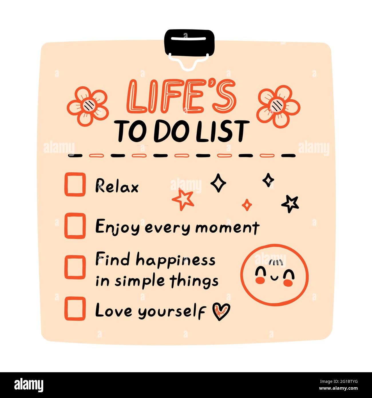 Nette lustige Leben zu tun Liste, Checkliste. Vektor Hand gezeichnet Cartoon kawaii Charakter Illustration Symbol. Aufkleber, Karte, Poster Stock Vektor