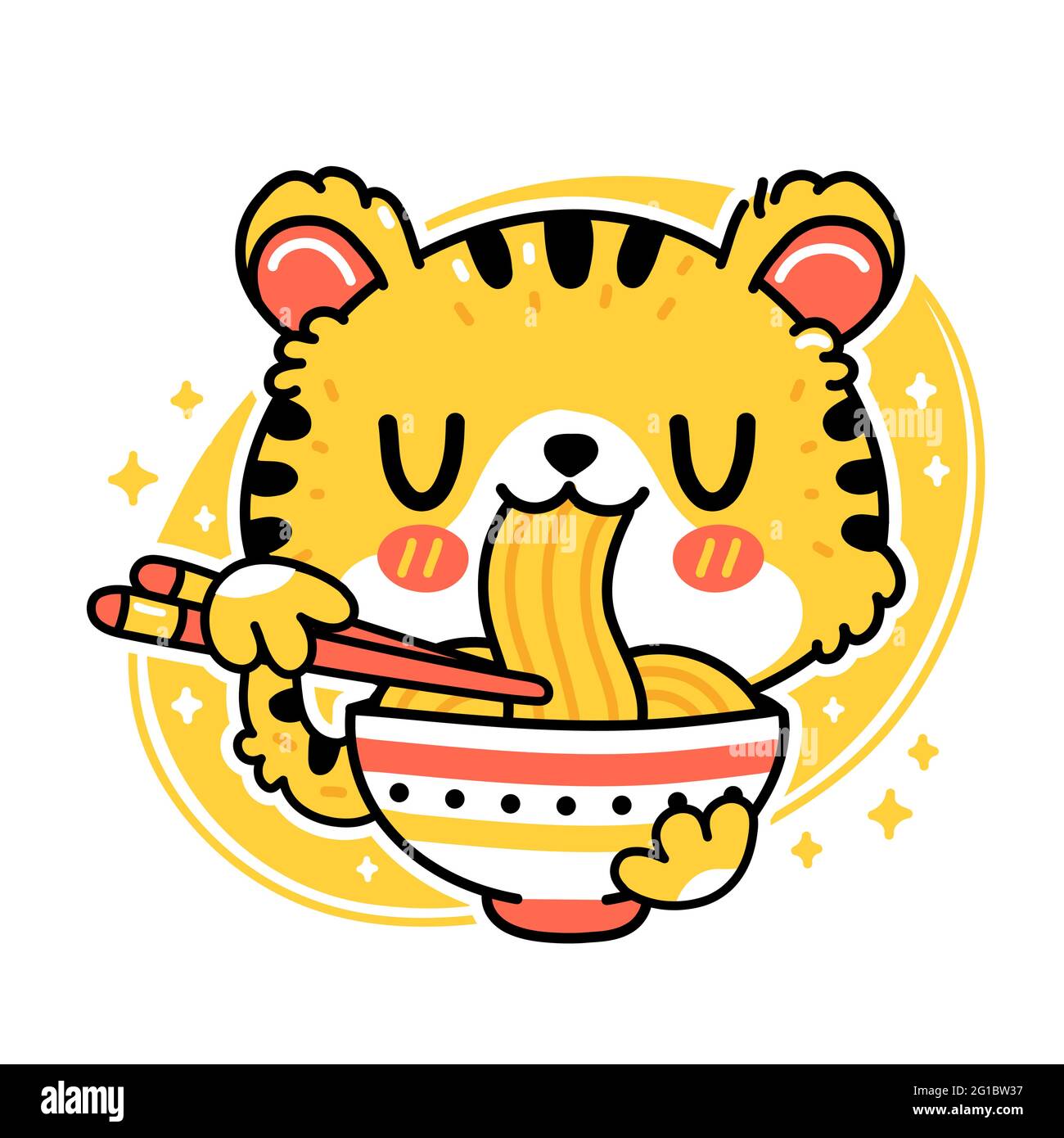 Niedliche lustige Tiger essen Nudeln aus der Schüssel. Vektor Hand gezeichnet Cartoon kawaii Charakter Illustration Symbol. Isoliert auf weißem Hintergrund. Asiatische Lebensmittel, japanisch, koreanische Nudel Maskottchen Cartoon Charakter Konzept Stock Vektor