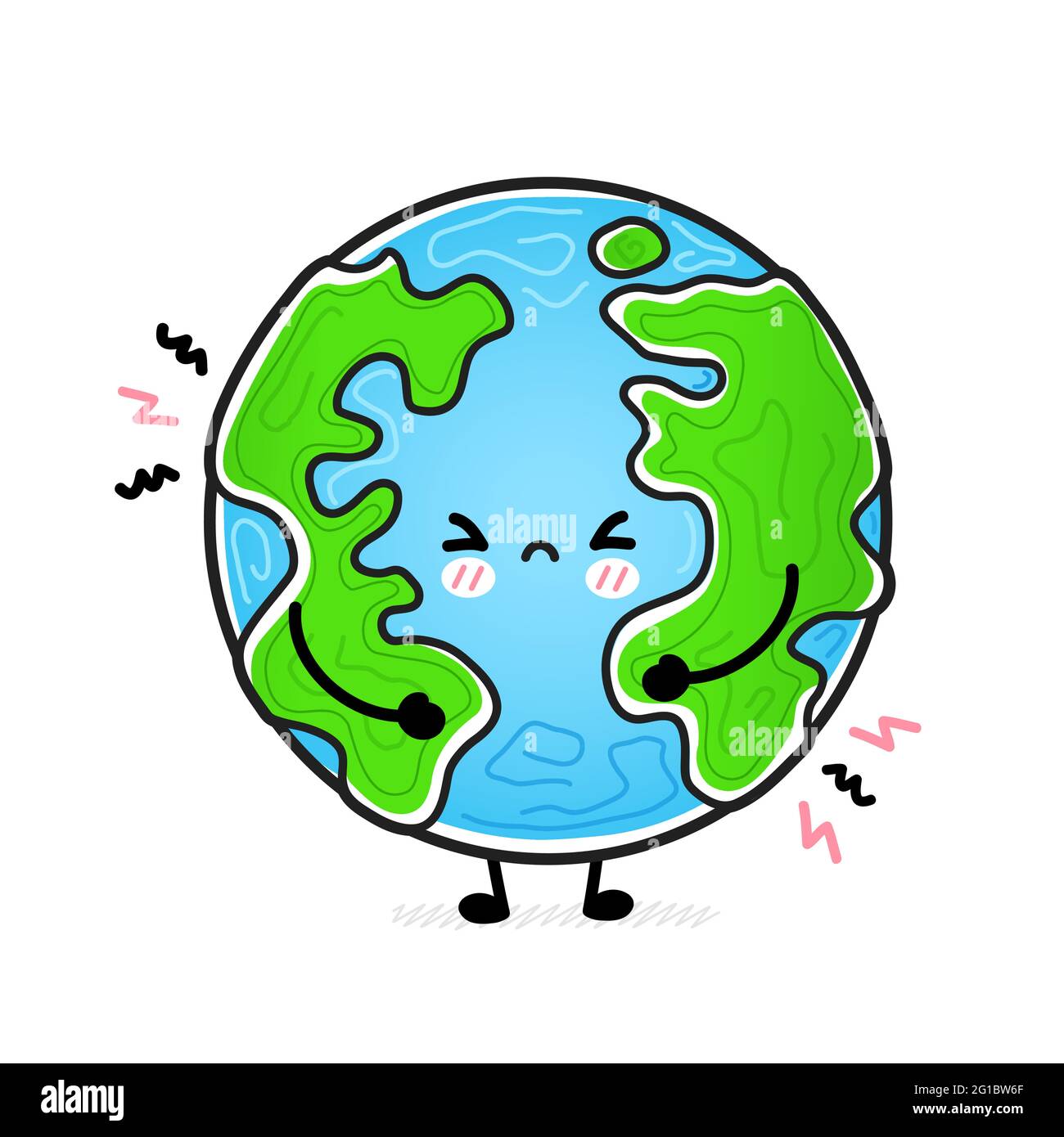 Niedliche lustige traurige Erde Planeten. Vektor Hand gezeichnet Cartoon kawaii Charakter Illustration Symbol. Isoliert auf weißem Hintergrund. Planet Erde, Ökologie, Öko Maskottchen Charakter Konzept Stock Vektor