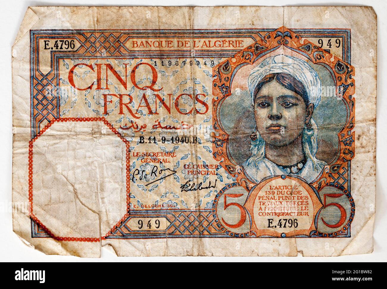 Alte Französische Banknote - 5 Francs Stockfoto