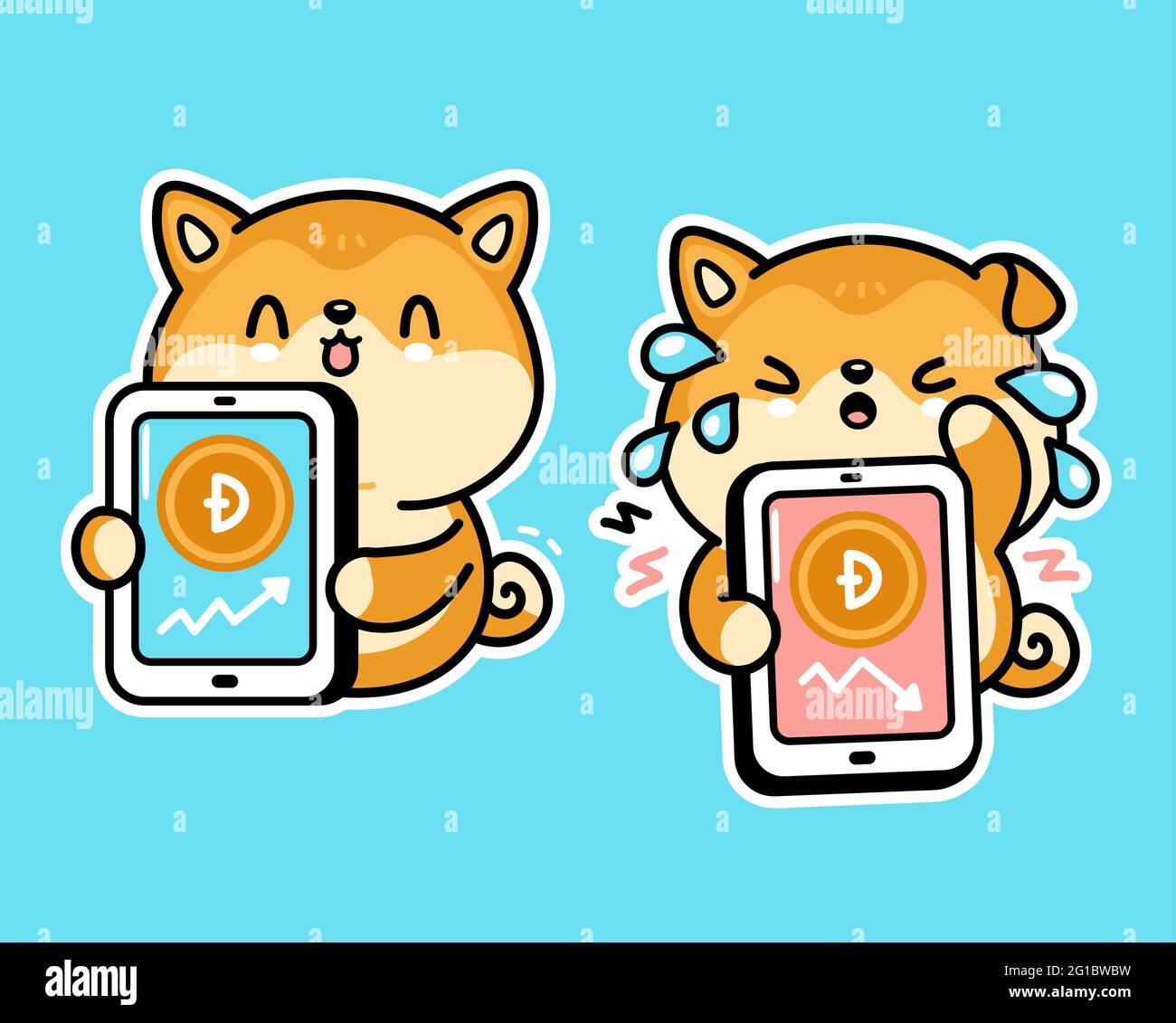 Niedliche lustige akita Inu Hund mit Dogecoin Charts in Smartphone-Handy-Charakter. Vektor Hand gezeichnet Cartoon kawaii Figur Illustration. Krypto Währung, Dogecoin bis und fallen in Charts Charakter Stock Vektor