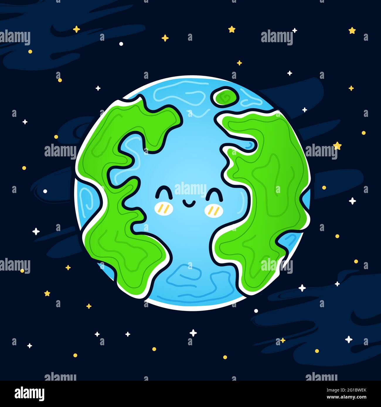 Niedlich lustig glücklich Lächeln Erde Planet im Weltraum. Vektor Hand gezeichnet Cartoon kawaii Charakter Illustration Symbol. Erde im Kosmos Maskottchen Charakter Konzept Stock Vektor