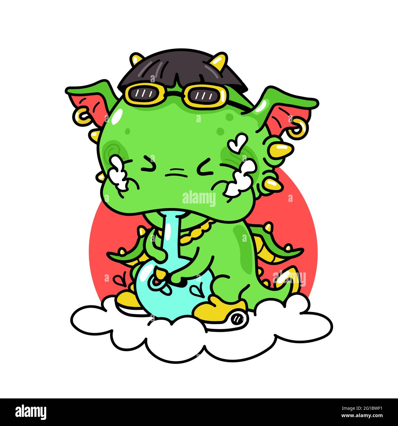 Niedliche lustige Drachen Rauch Unkraut mit Bong. Vektor Hand gezeichnet Cartoon kawaii Figur Illustration. Isoliert auf weißem Hintergrund. Dragon Smoke Marihuana, Cannabis, Unkraut Charakter T-Shirt Print Konzept Stock Vektor