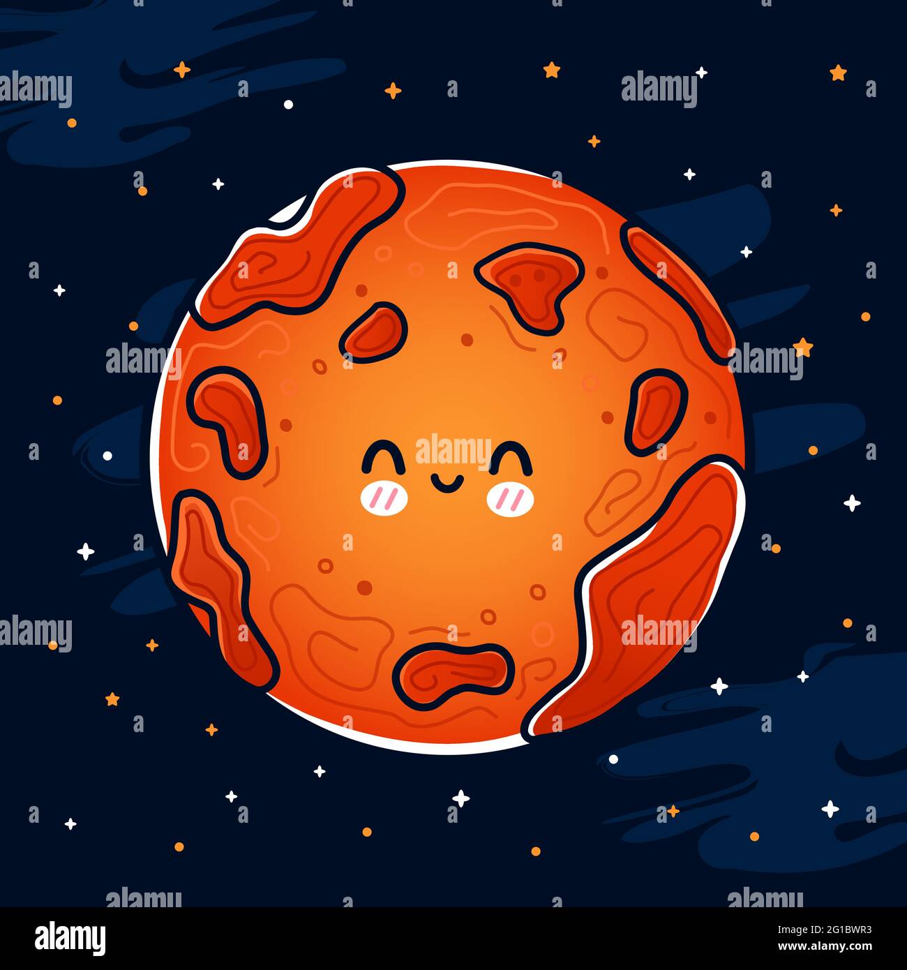 Niedlich lustig glücklich Lächeln Mars-Planet im Weltraum. Vektor Hand gezeichnet Cartoon kawaii Charakter Illustration Symbol. Mars im Kosmos Maskottchen Charakter Konzept Stock Vektor