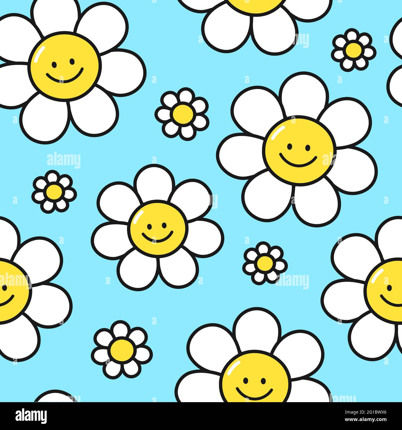 Niedliche lustige Lächeln Blumen auf blauem Hintergrund nahtlose Muster. Vektor flache Cartoon kawaii Figur Illustration Symbol Design. Positive Lächeln Blumen nahtlose Muster Konzept Stock Vektor