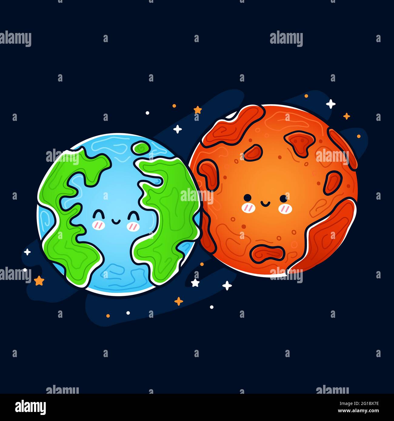 Nette lustige glücklich Mars und Erde Planeten. Vektor Hand gezeichnet Cartoon kawaii Charakter Illustration Symbol. Weltraumforschung, Mars- und Erdplaneten-Charakterkonzept Stock Vektor
