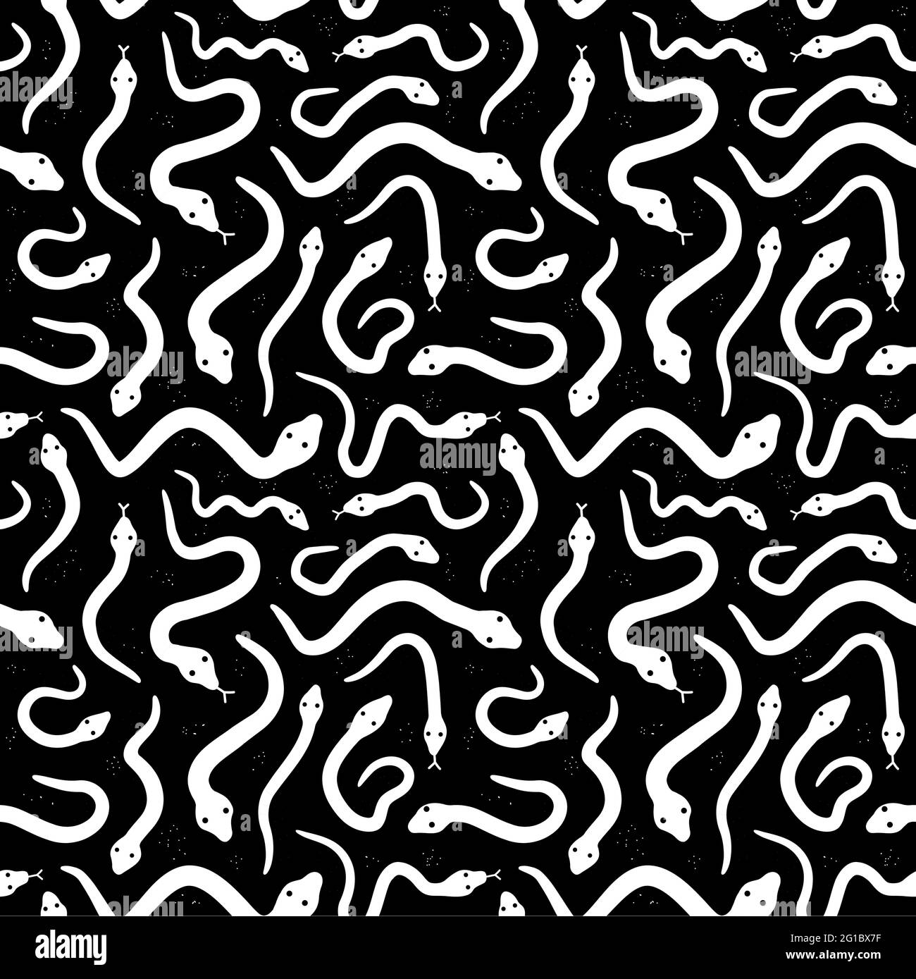 Weiße Schlangen auf schwarzem Hintergrund nahtloses Muster. Vektorgrafik handgezeichnetes Symbol im Grunge-Stil. Verschiedene monochrome Schlangen nahtloses Muster Stock Vektor