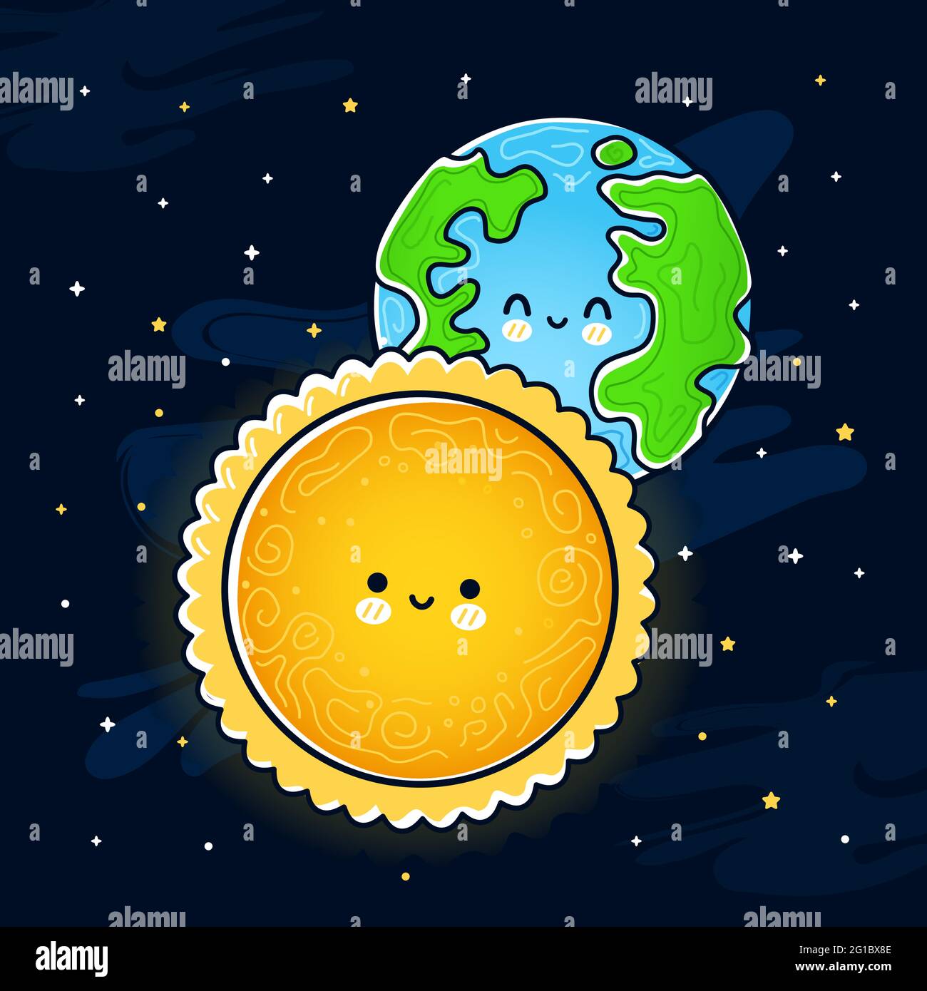 Nette lustige Sonne und Erde Planeten. Vektor Hand gezeichnet Cartoon kawaii Charakter Illustration Symbol. Sonne und Erde Maskottchen Charakter Konzept Stock Vektor