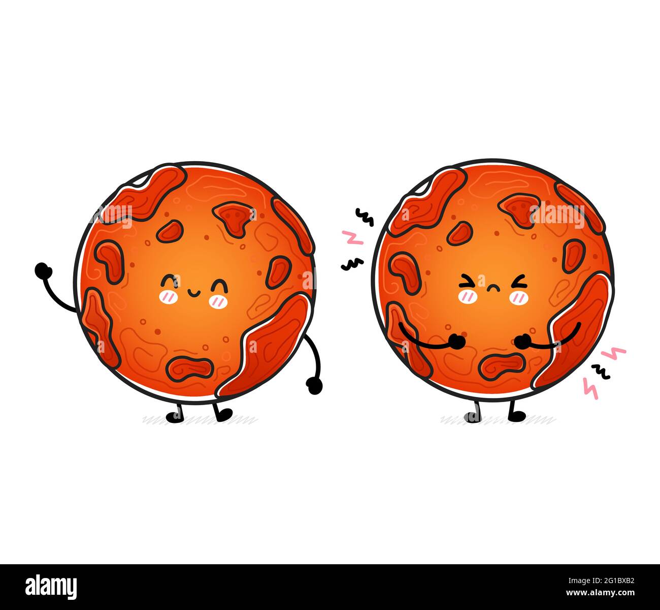 Nette lustige glücklich und traurig Mars-Planet. Vektor Hand gezeichnet Cartoon kawaii Charakter Illustration Symbol. Isoliert auf weißem Hintergrund. Weltraumforschung, Mars Planet Kosmos Charakter Konzept Stock Vektor