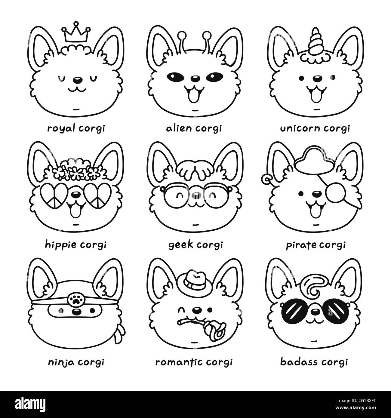 Niedliche glücklich Corgi Hund Gesicht Set Kollektion. Vektor-Linie Cartoon kawaii Charakter-Symbol. Handgezeichnete Illustration. Isoliert auf weißem Hintergrund. Corgi Puppy PET Bundle zum Ausmalen von Buchseiten Konzept Stock Vektor