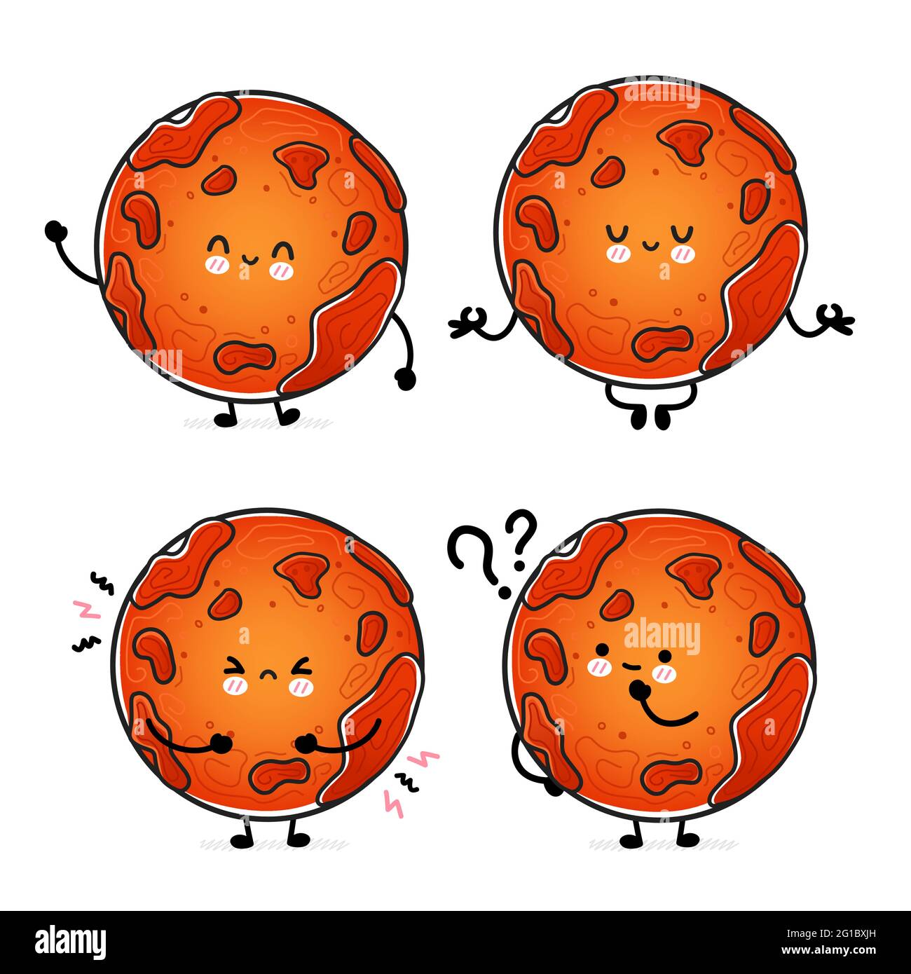 Niedliche lustige glücklich Mars Planet Set-Sammlung. Vektor Hand gezeichnet Cartoon kawaii Charakter Illustration Symbol. Isoliert auf weißem Hintergrund. Raum, Mars Planet Kosmos Charakter Konzept Stock Vektor
