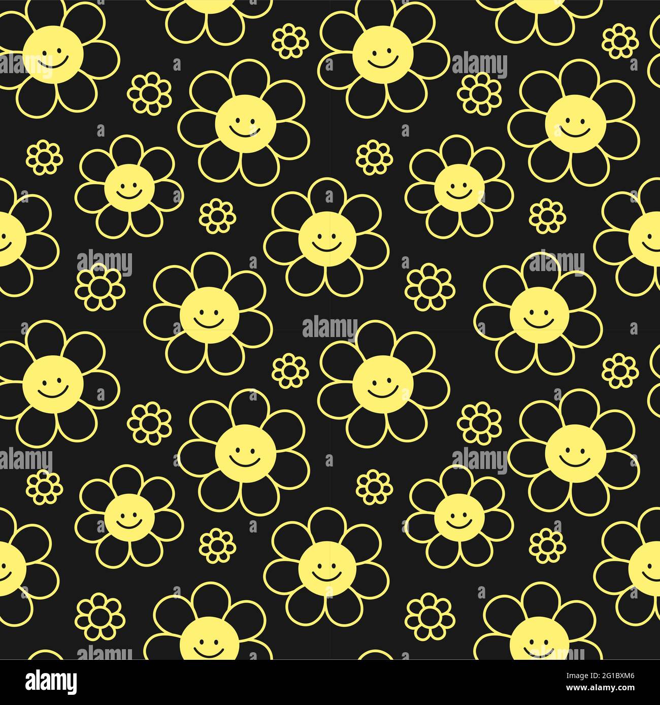 Niedliche lustige Lächeln Blumen auf schwarzem Hintergrund nahtlose Muster. Vektor flache Cartoon kawaii Figur Illustration Symbol Design. Positive Lächeln Blumen nahtlose Muster Konzept Stock Vektor