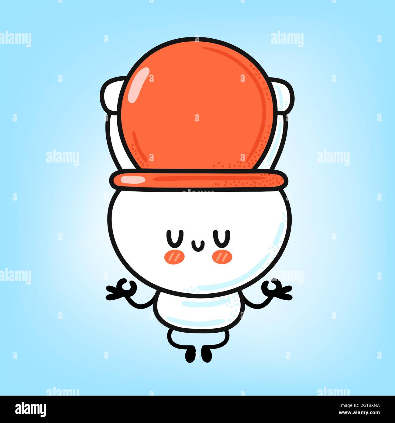 Nette lustige glücklich weiße Toilettenschüssel meditieren in Yoga-Pose. Vektor Hand gezeichnet Cartoon kawaii Charakter Illustration Symbol. Lustige Cartoon WC, Toilettenschüssel Maskottchen Charakter Konzept Stock Vektor