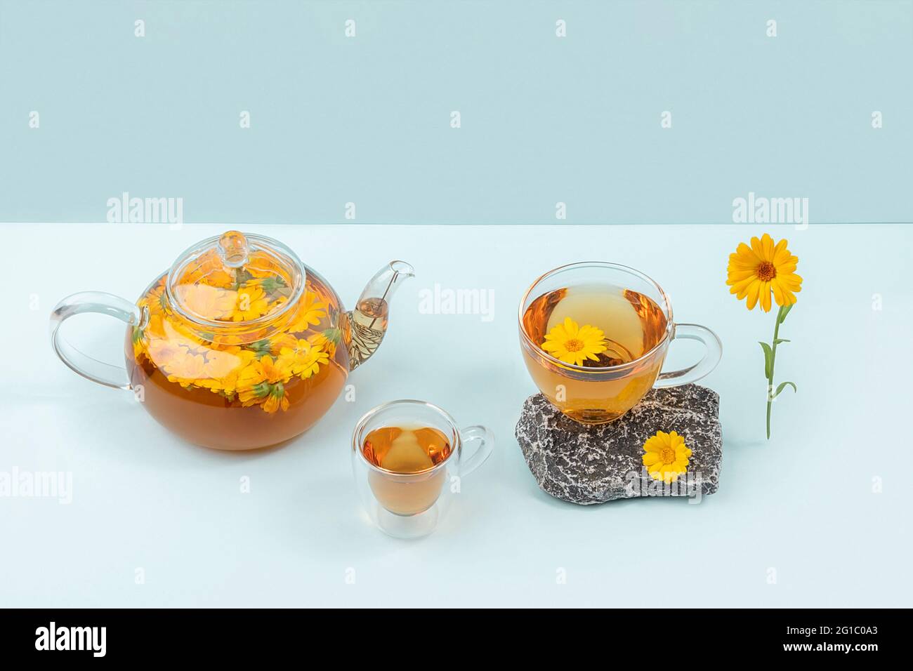 Tassen Kräutertee, transparente Teekannen mit Ringelblumen und Steinen auf blauem Hintergrund. Beruhigendes Getränkekonzept. Stockfoto