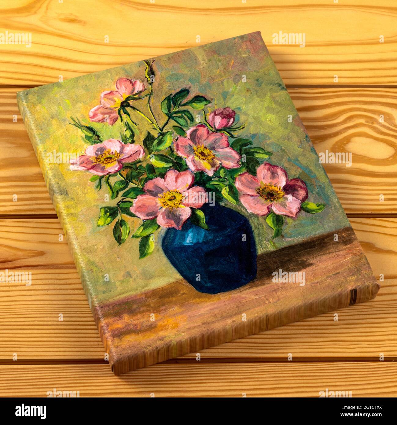 Gerahmter Leinwanddruck von Vintage-Ölgemälde von Blumen in Vase isoliert auf einem hölzernen Hintergrund. Urlaub oder besonderen Anlass Fine Art Print Geschenk concep Stockfoto