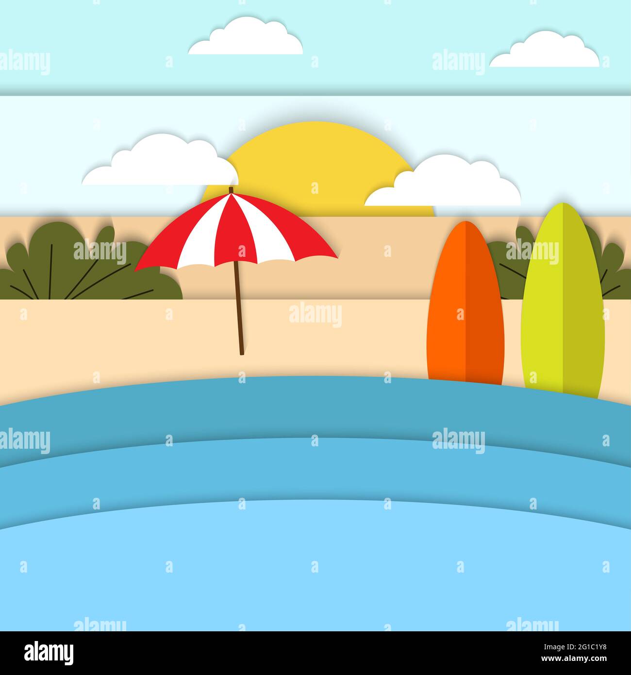 Tropischer Strand Urlaub Papier geschnitten Hintergrund Vektor, Sommer Saison Papier Handwerk Design Illustration Stockfoto